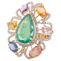Natural Emerald & Multi sapphire & diamond Ring in 14k gold