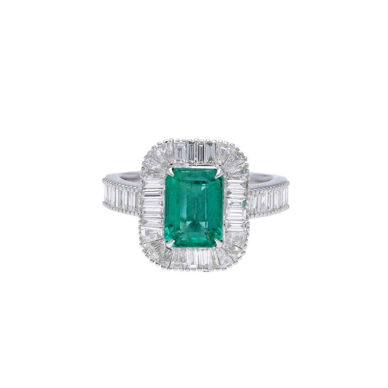 Contemporary Natural emerald octagon cut diamond ring gold  Diamond baguette prong set