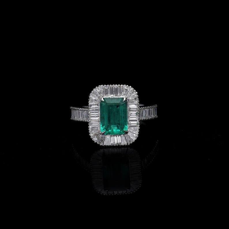 Women's Natural emerald octagon cut diamond ring gold  Diamond baguette prong set