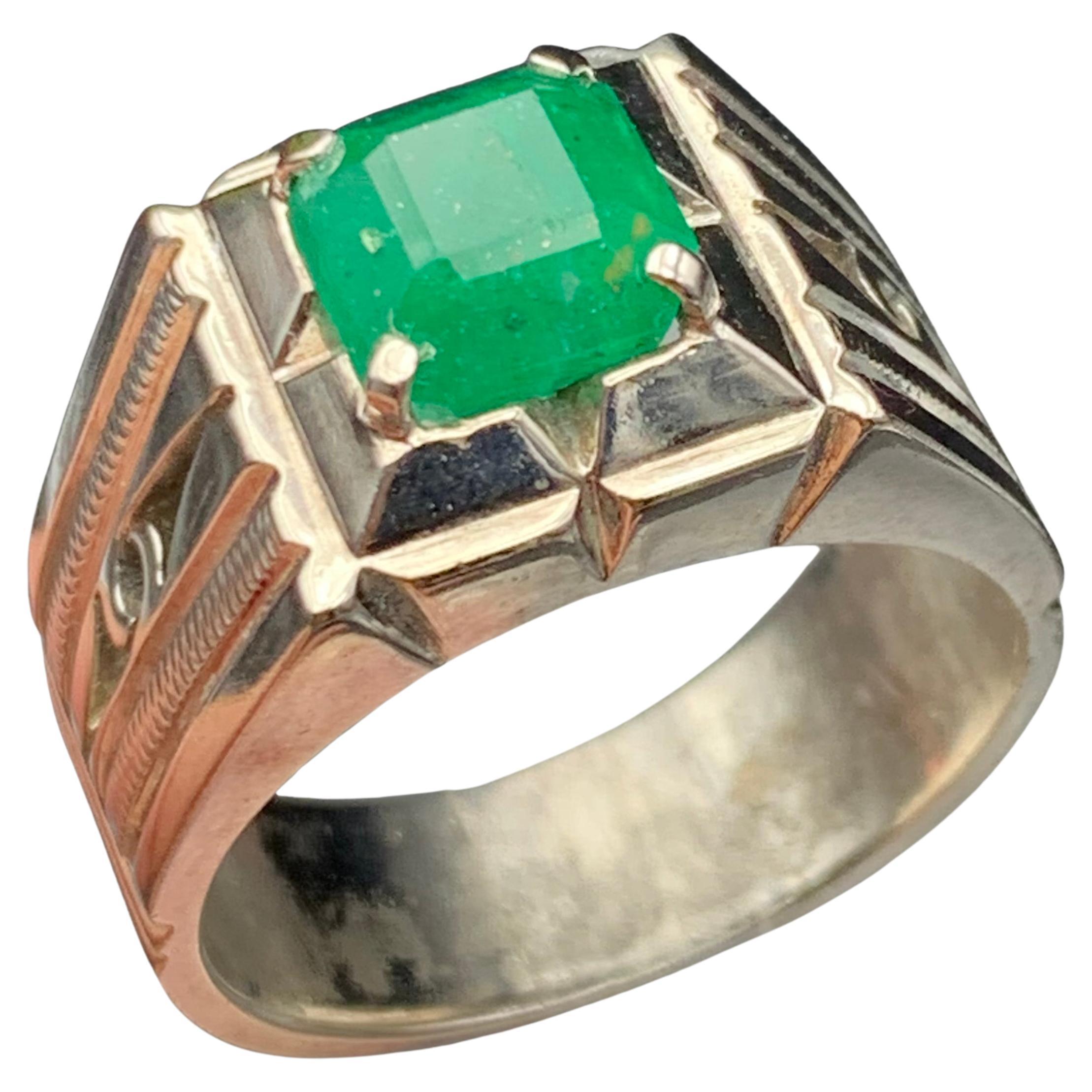 Natural Emerald Octagon Cut Ring in Handcrafted 925 Sterling Silver Statement For Sale