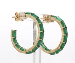 Natural 5 - 6cts Emerald Octagon Small Hoops Earrings in 14k Gold