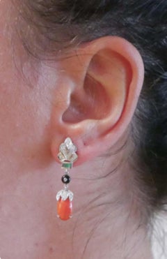 Natural Emerald, Onyx, Coral & Diamond Earring in White Gold