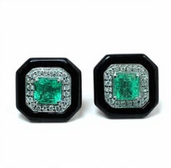 18k Gold Emerald, Onyx & Diamond Stud Earrings, New