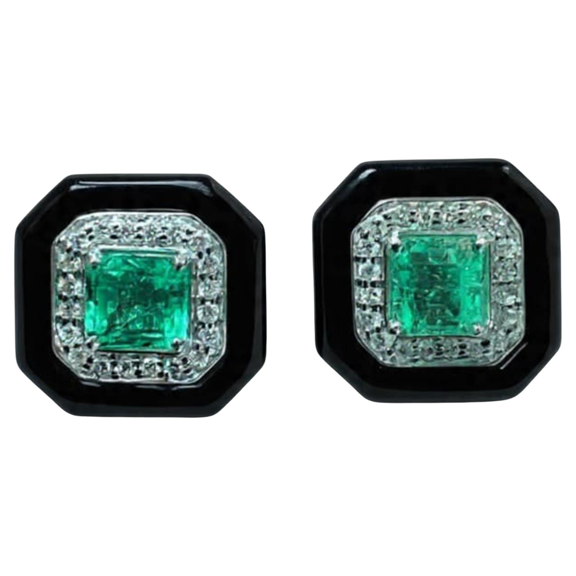 18k Gold Emerald, Onyx & Diamond Stud Earrings, New