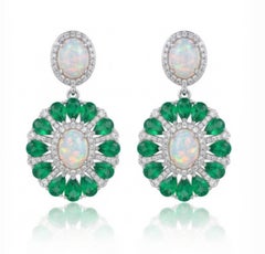 Natural Emerald, Opal, & Diamond Earring in 14k Gold