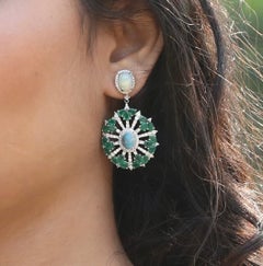 Natural Emerald & Opal & Diamond Earring in 18k Gold