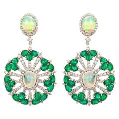 Natural Emerald & Opal & Diamond Earring in 18k Gold