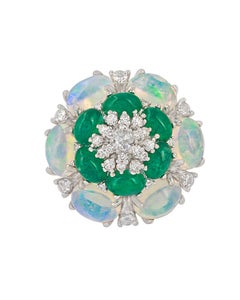 Natural 3.17cts Emerald, 5.05cts Opal & 0.74cts Diamond Ring in 18k Gold