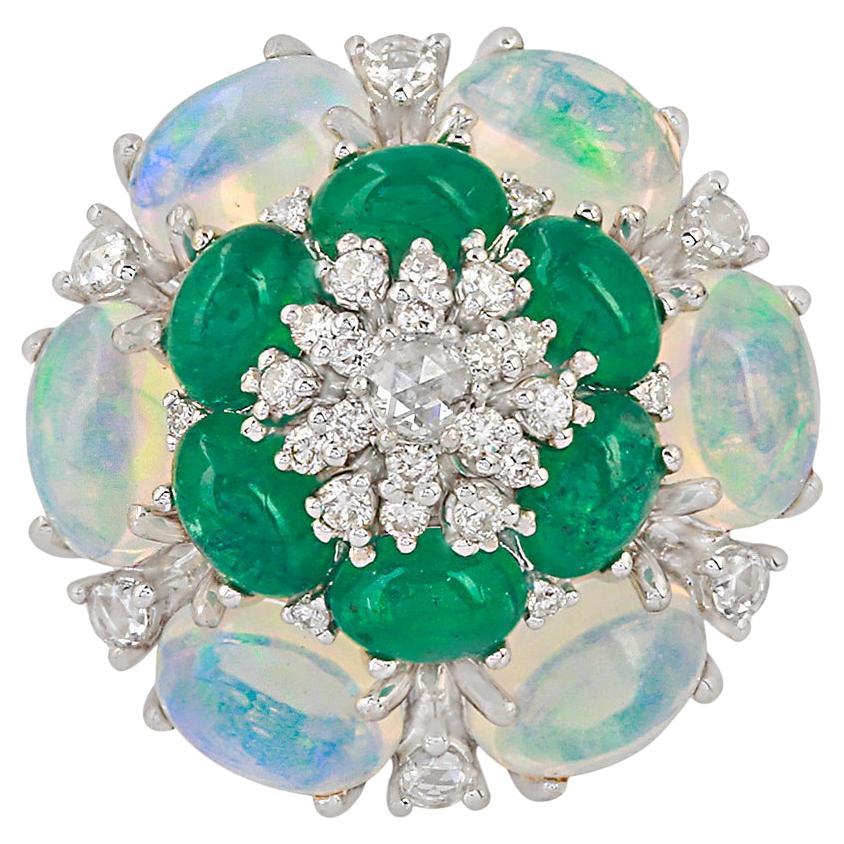 Natural Emerald, Opal & Diamond Gold Ring in 18k