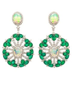 Natural 8.11cts Emerald, 4.72cts Opal & 2.33cts Diamond Earrings in 18K Gold