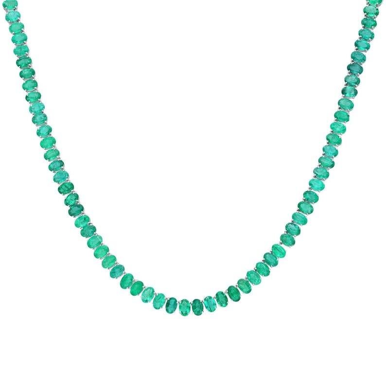 Contemporary Natural emerald oval cut tennis necklace gold  18k white gold emerald stackable