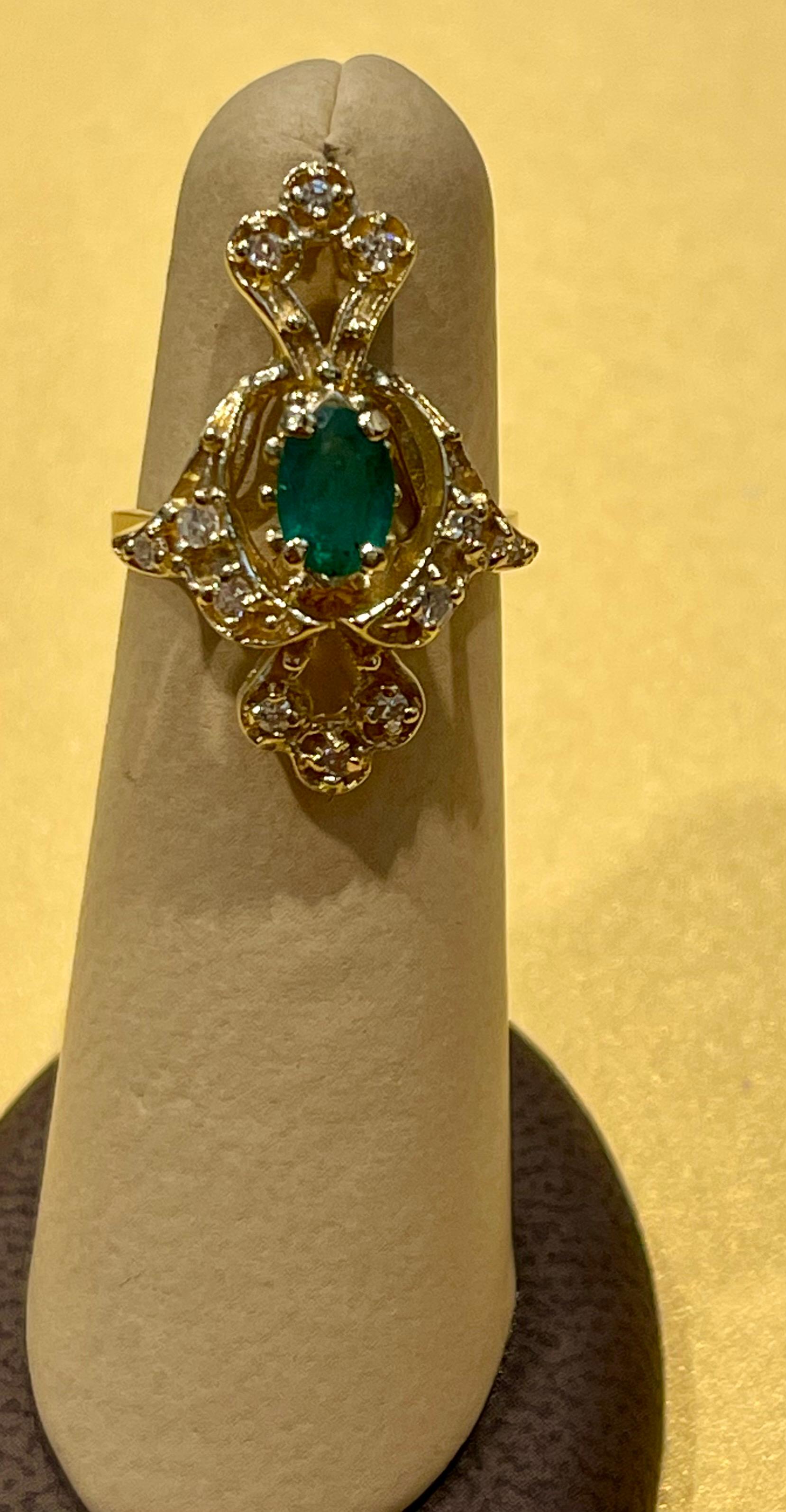 Natural Emerald, Oval Stone and Diamond Ring 14 Karat Yellow Gold For Sale 7