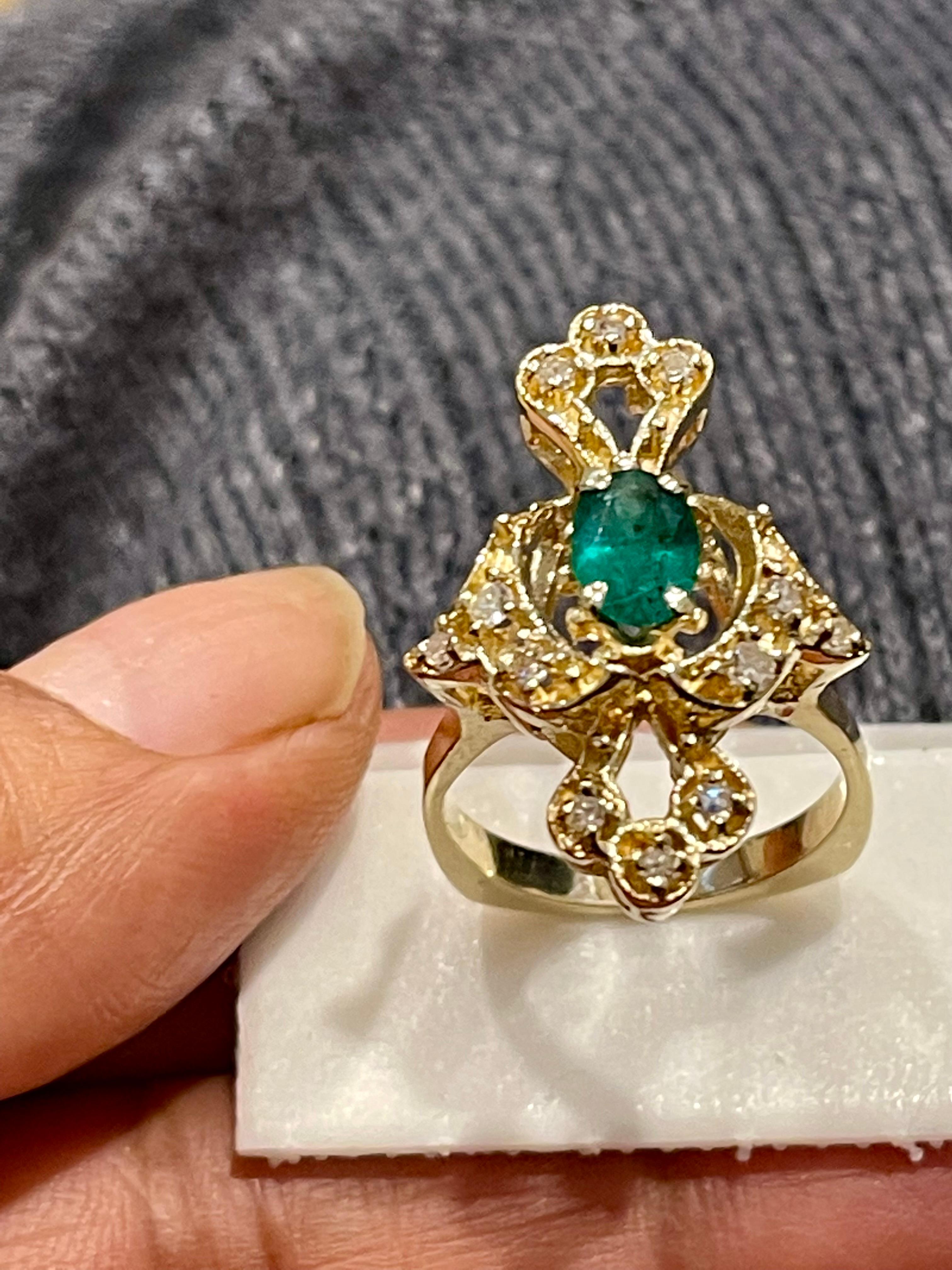 Natural Emerald, Oval Stone and Diamond Ring 14 Karat Yellow Gold For Sale 3