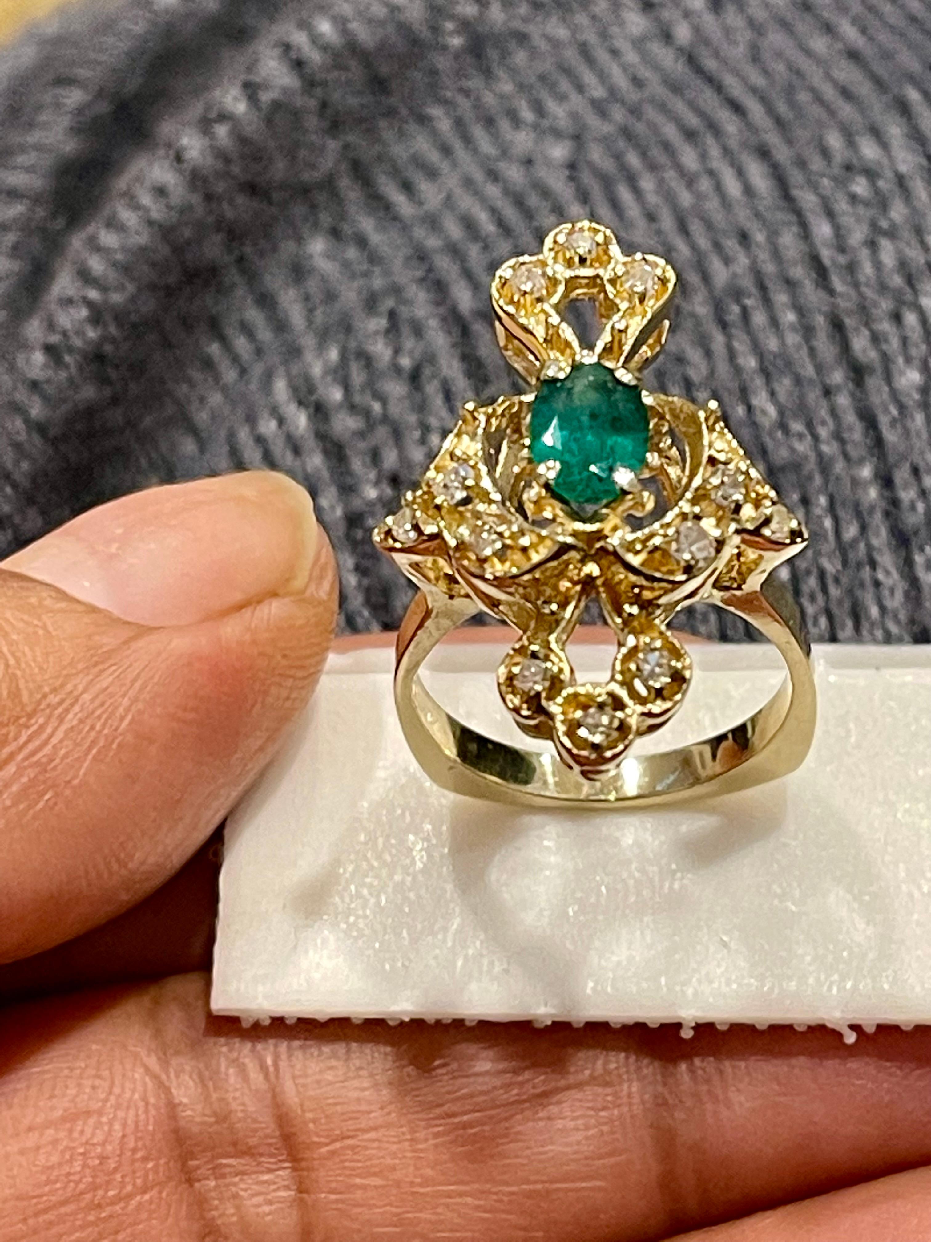 Natural Emerald, Oval Stone and Diamond Ring 14 Karat Yellow Gold For Sale 4