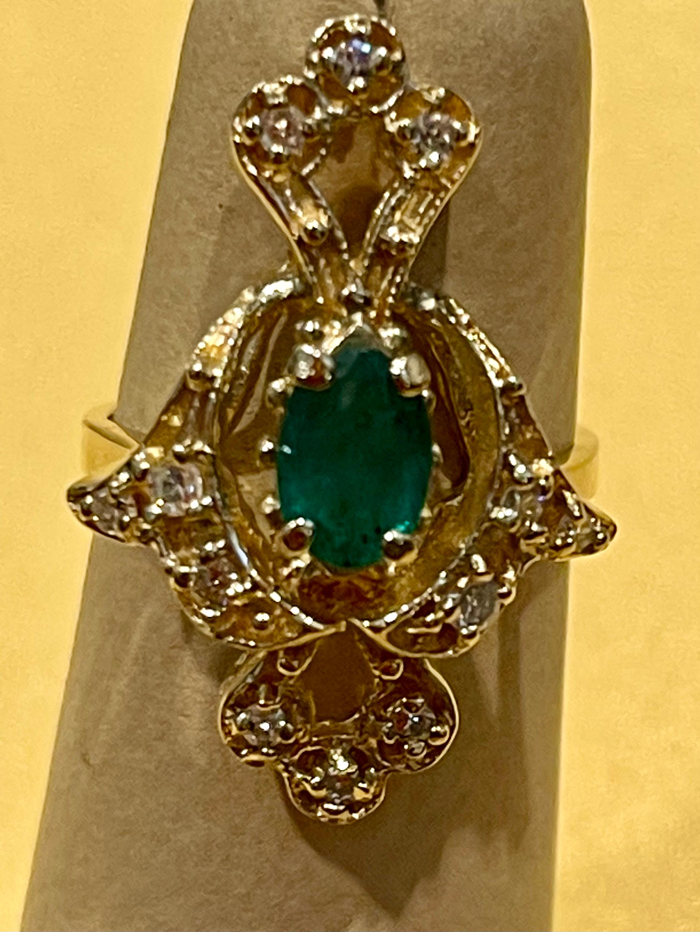 Natural Emerald, Oval Stone and Diamond Ring 14 Karat Yellow Gold For Sale 6