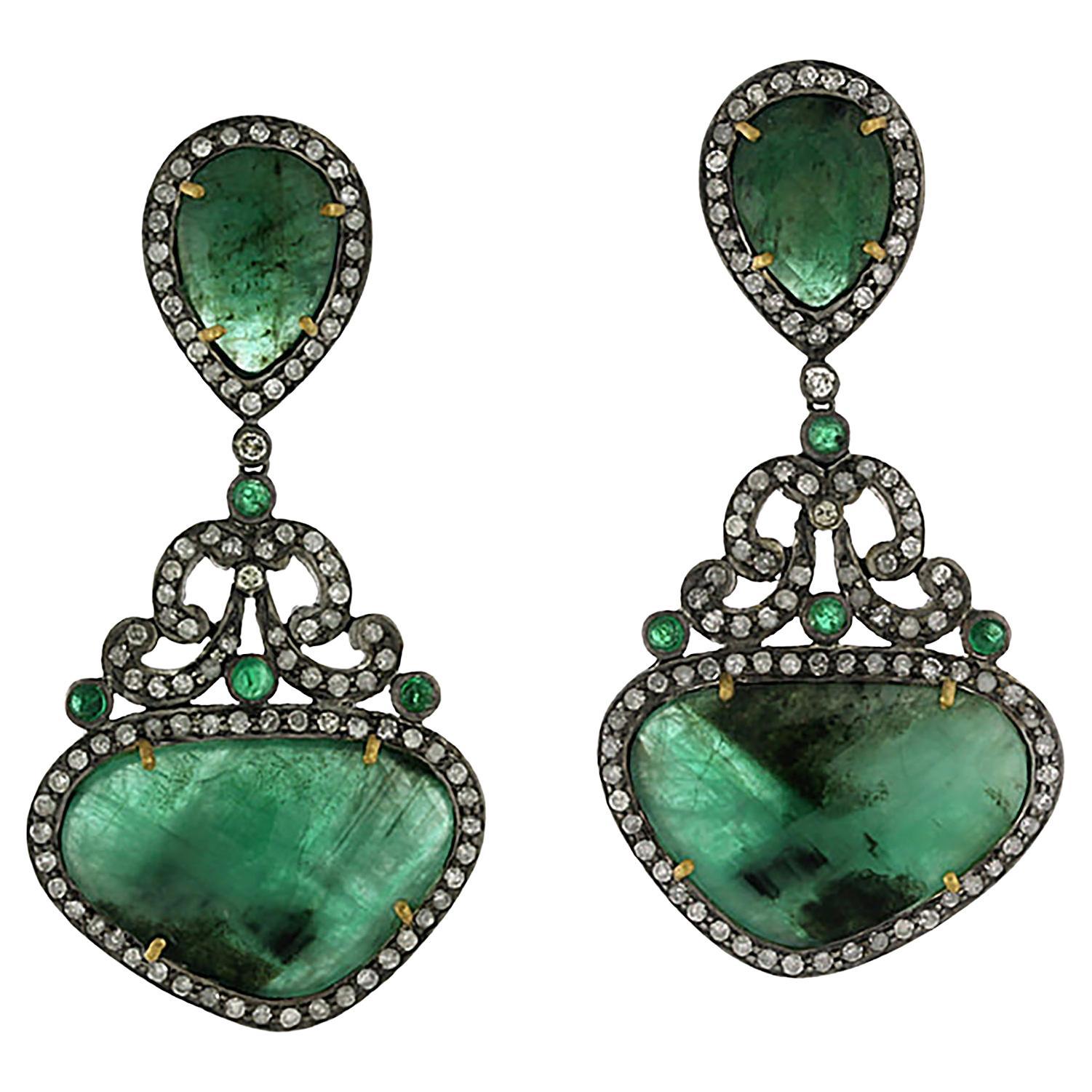 Natural Emerald 
Pave Diamond Victorian Style 18k Gold 
Silver Dangle Earrings For Sale