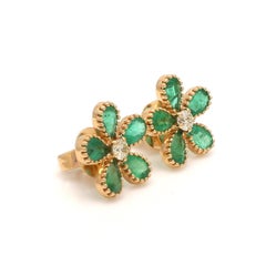 Natural 1.94cts Emerald & 0.20cts Diamond Floral Studs Earrings in 14k Gold