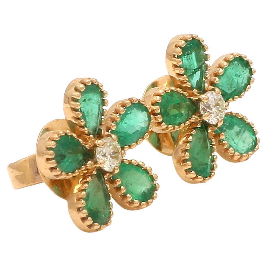 Natural Emerald Pear Cut Diamond Floral Studs