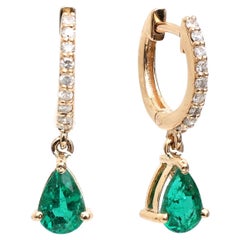 Natural Emerald Pear Diamond Mini Huggies Earrings