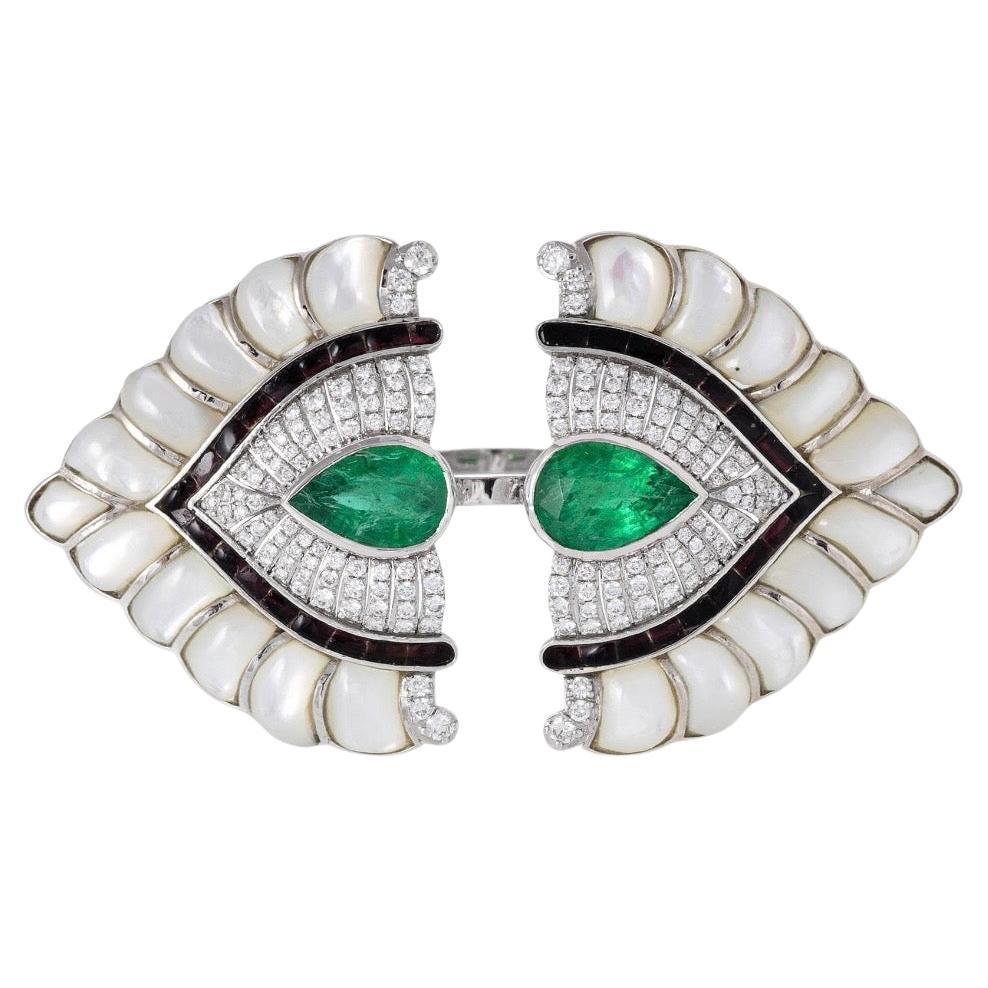 Handmade 18K White Gold Emerald, Pearl & Black Onyx Ring For Sale