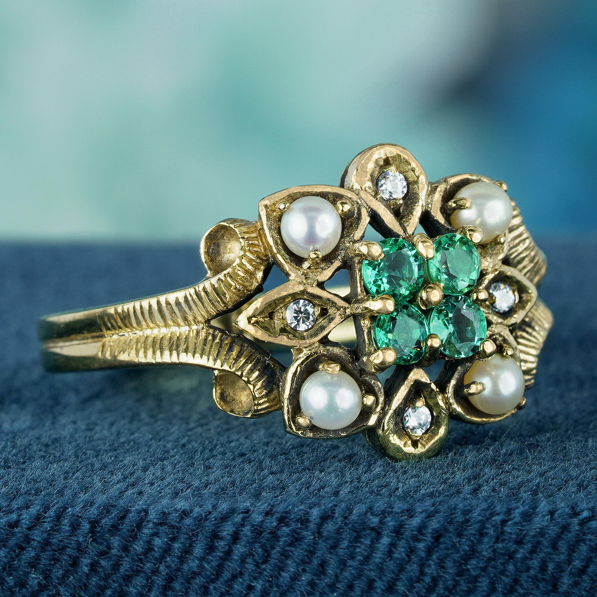 Edwardian Natural Emerald Pearl Diamond Vintage Style Floral Cluster Ring in Solid 9K Gold For Sale
