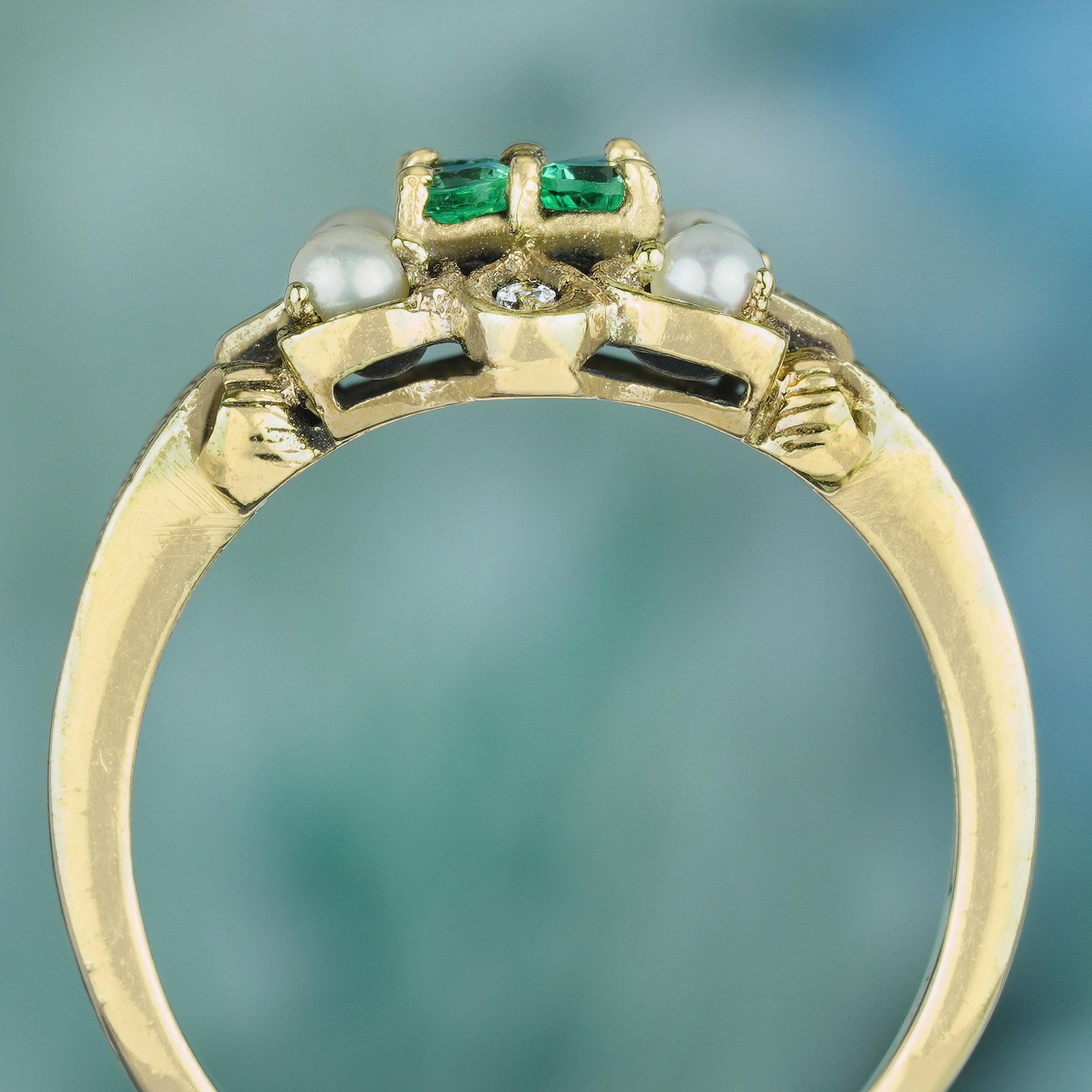 Natural Emerald Pearl Diamond Vintage Style Floral Cluster Ring in Solid 9K Gold In New Condition For Sale In Bangkok, TH