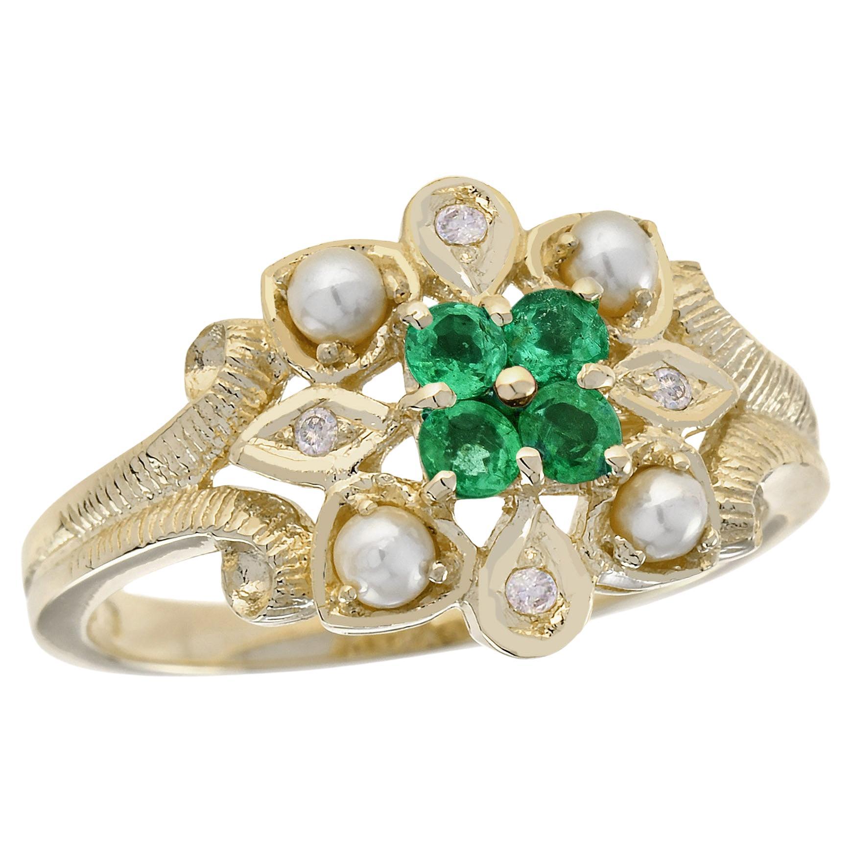 Natural Emerald Pearl Diamond Vintage Style Floral Cluster Ring in Solid 9K Gold For Sale