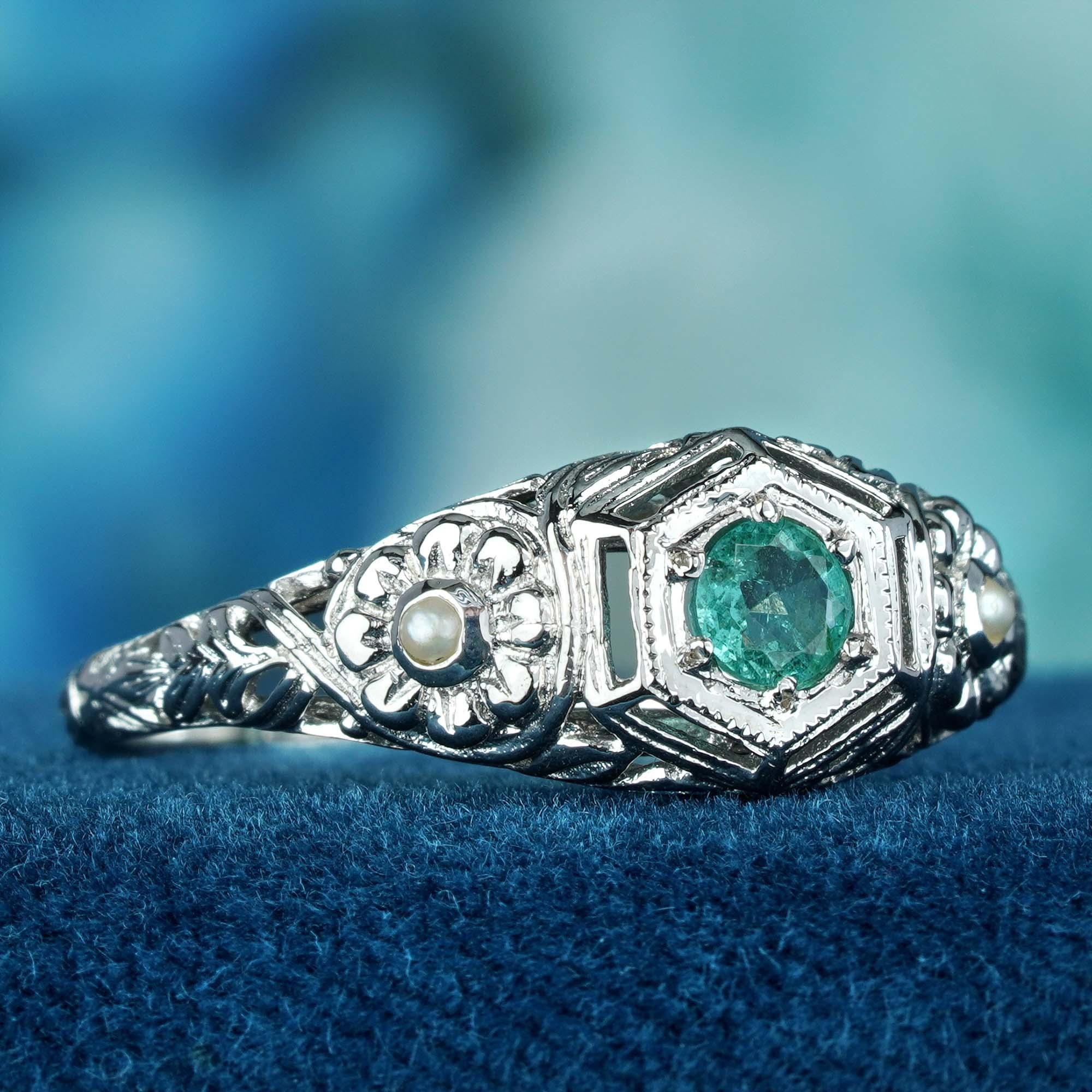 For Sale:  Natural Emerald Pearl Floral Filigree Ring in Solid 9K White Gold 2