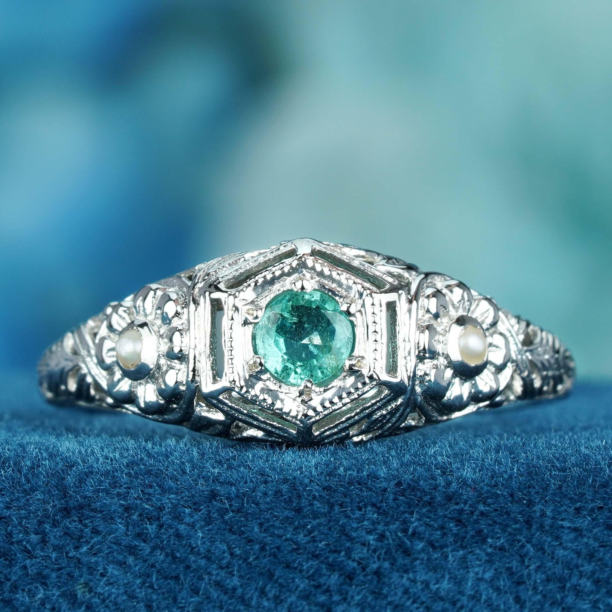 For Sale:  Natural Emerald Pearl Floral Filigree Ring in Solid 9K White Gold 3