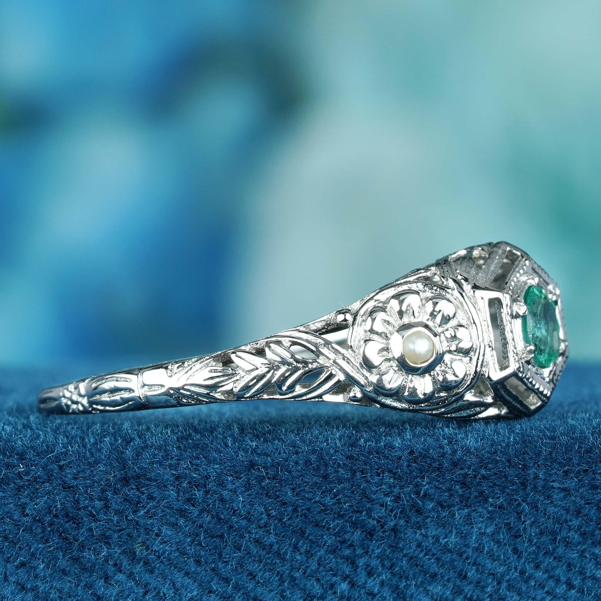 For Sale:  Natural Emerald Pearl Floral Filigree Ring in Solid 9K White Gold 4