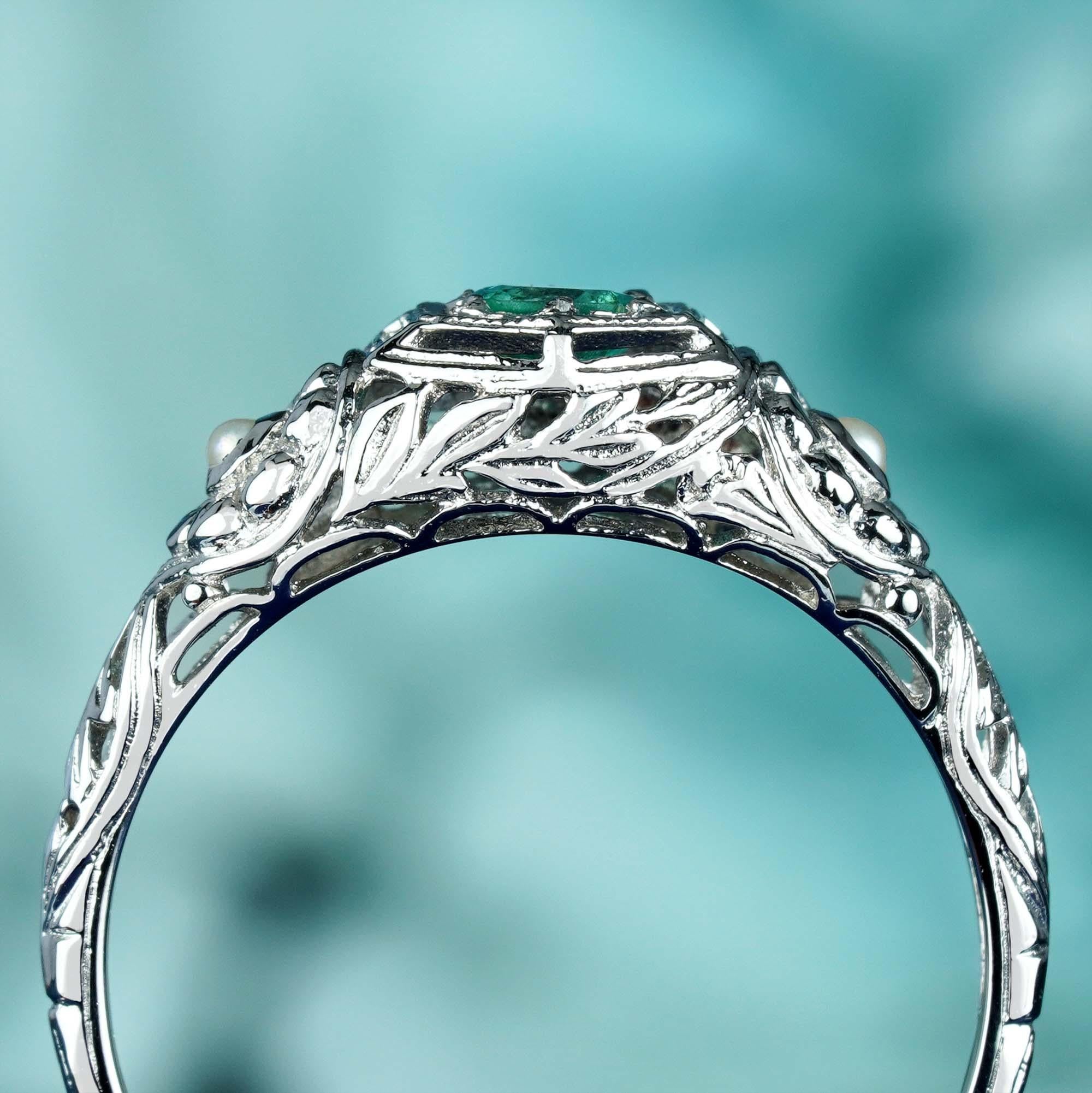 For Sale:  Natural Emerald Pearl Floral Filigree Ring in Solid 9K White Gold 5