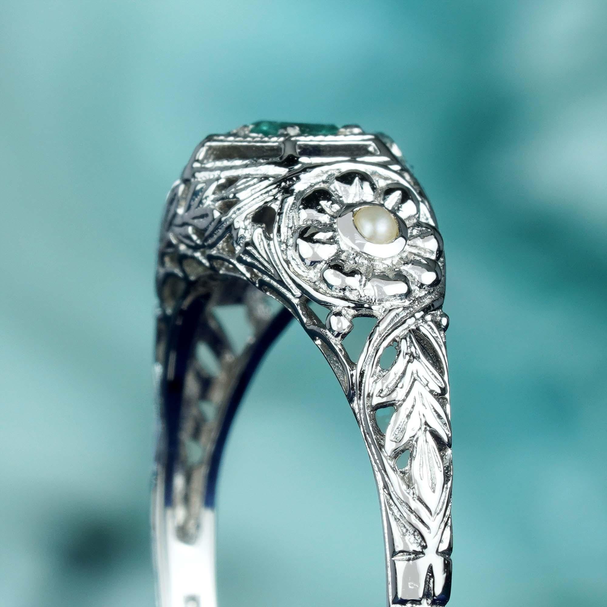 For Sale:  Natural Emerald Pearl Floral Filigree Ring in Solid 9K White Gold 6