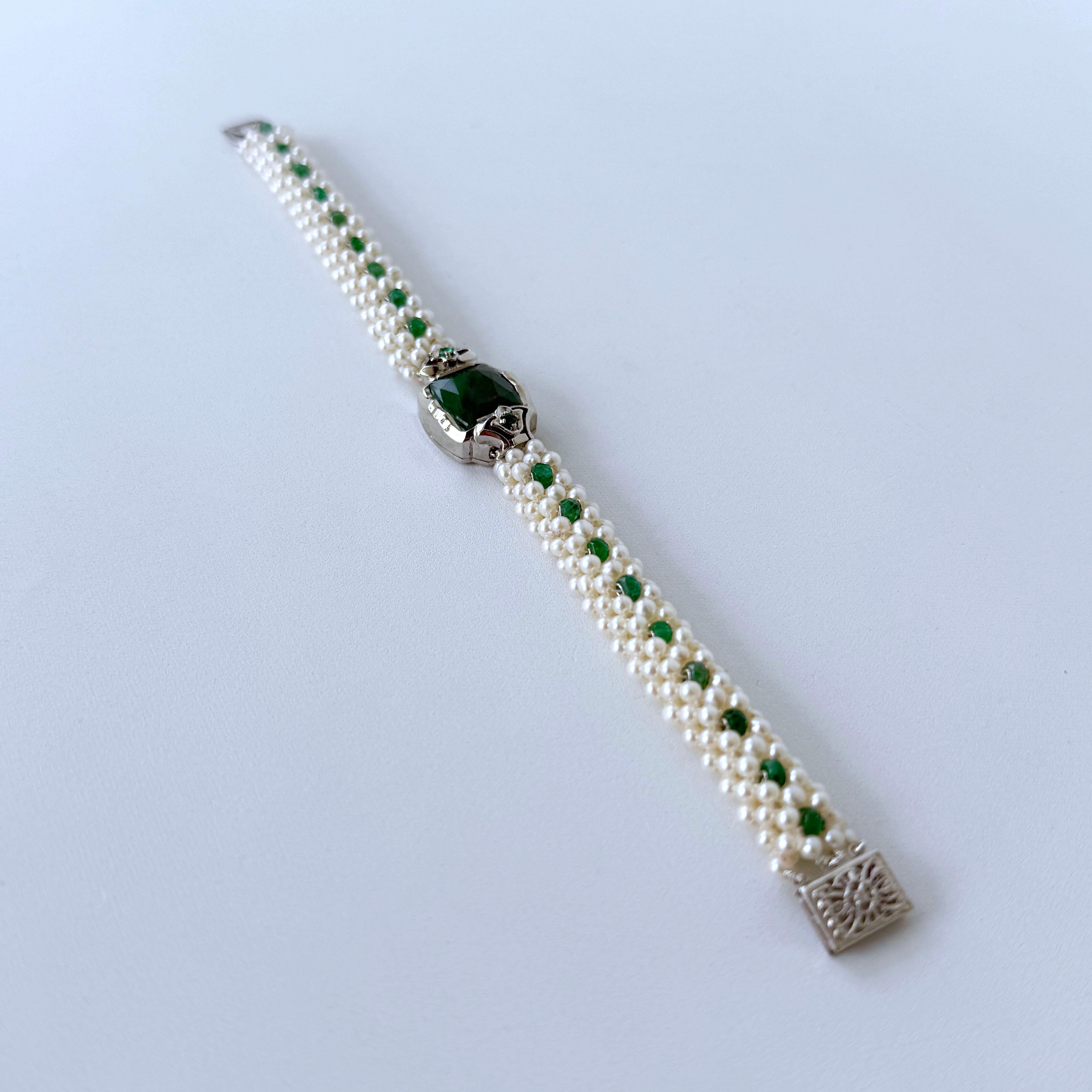 Artisan Natural Emerald, Pearl Woven Bracelet with Solid 14k White Gold