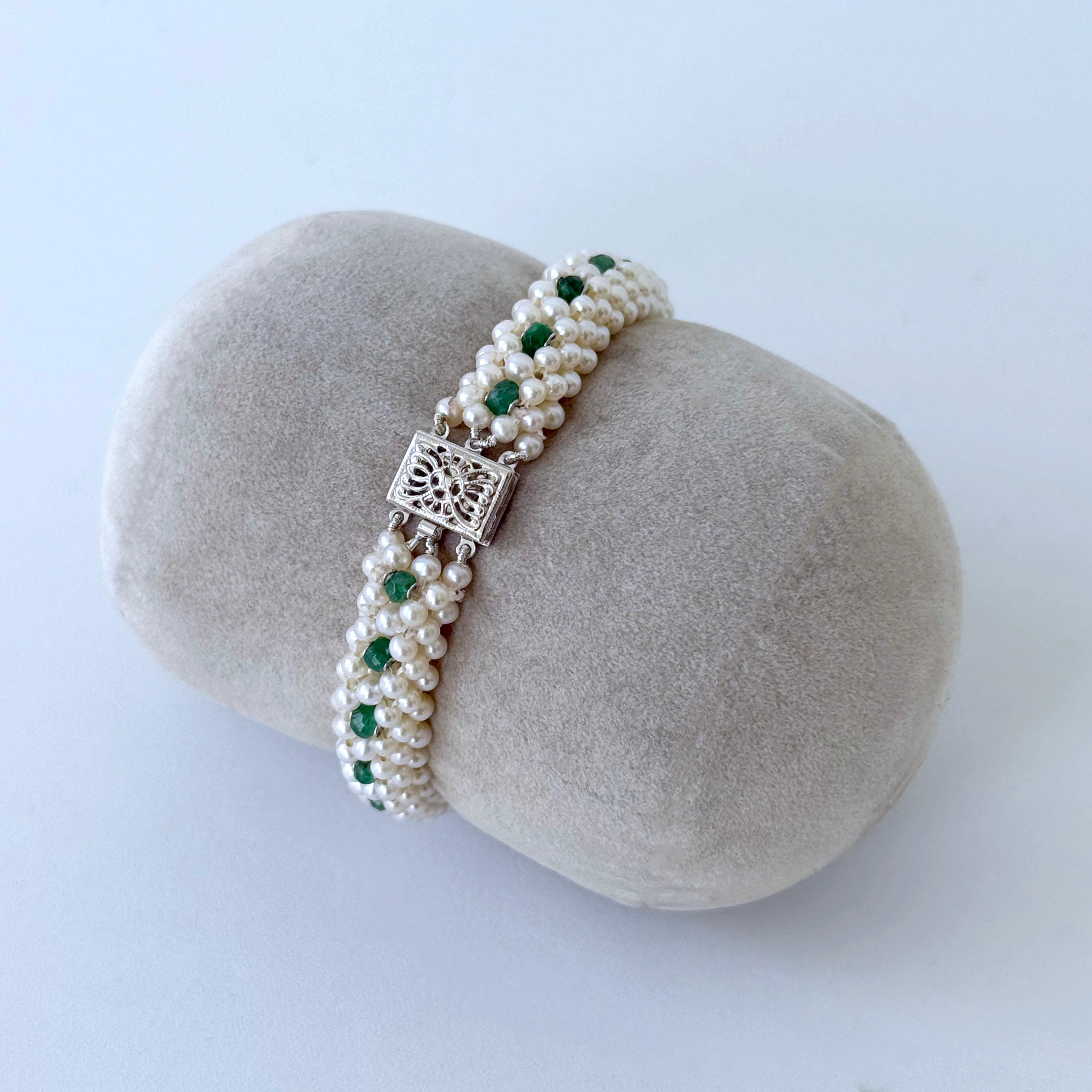 Natural Emerald, Pearl Woven Bracelet with Solid 14k White Gold In New Condition In Los Angeles, CA