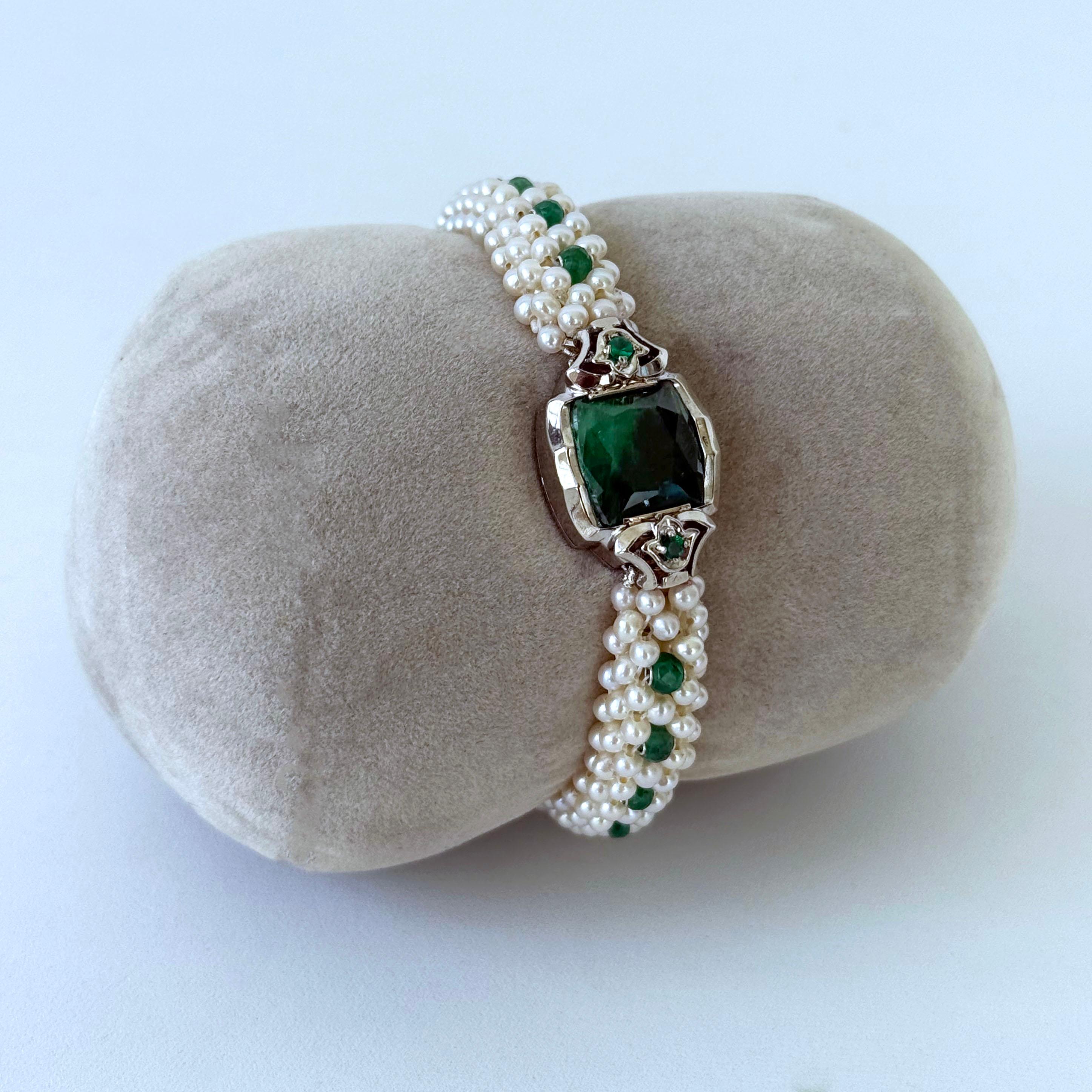 Women's Natural Emerald, Pearl Woven Bracelet with Solid 14k White Gold