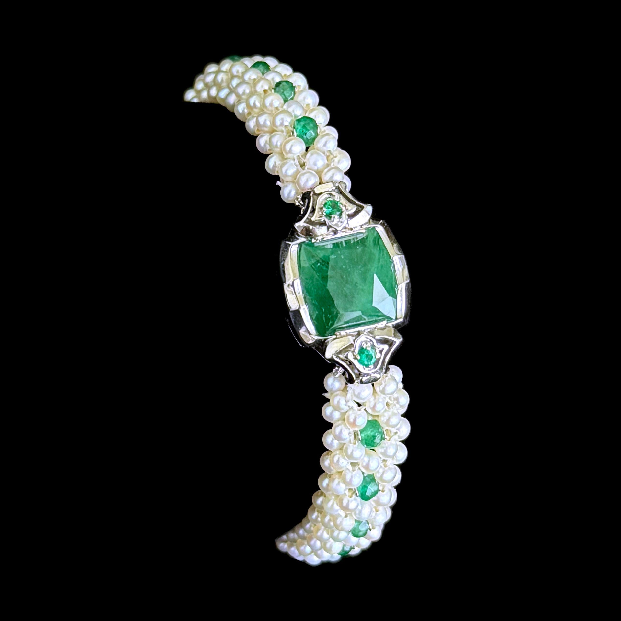 Natural Emerald, Pearl Woven Bracelet with Solid 14k White Gold 1