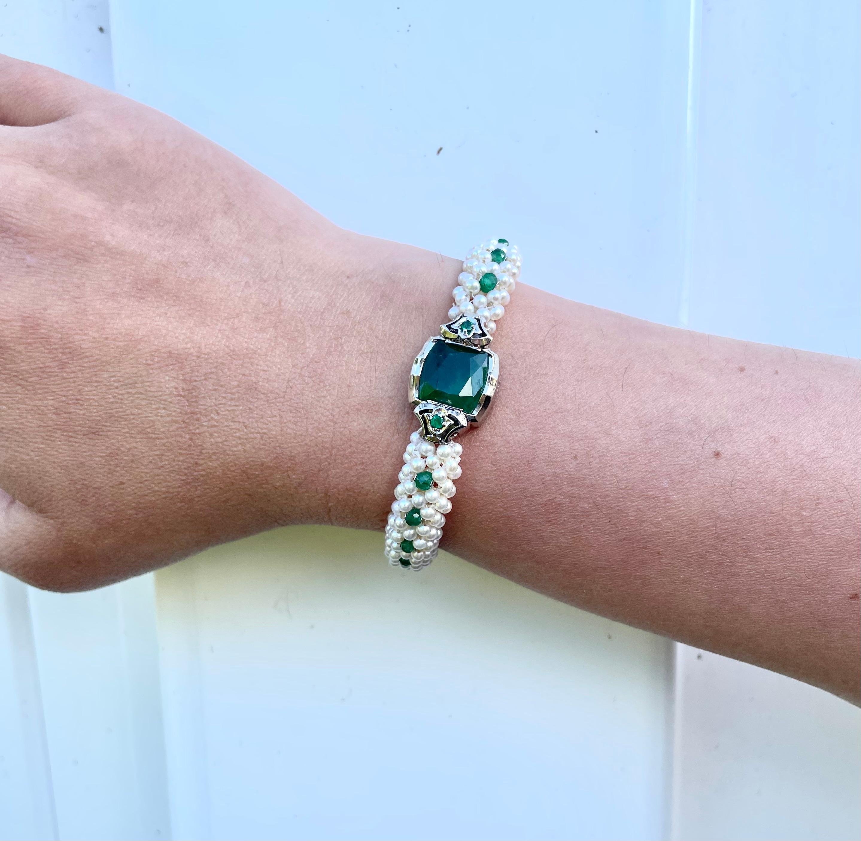Emerald Cut Natural Emerald, Pearl Woven Bracelet with Solid 14k White Gold