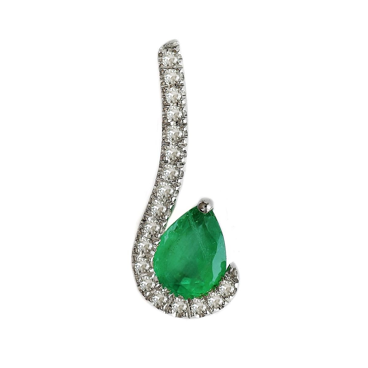 Natural Emerald Pendant 0.30 Carat Pear Emerald 18 Microset Diamonds White Gold For Sale