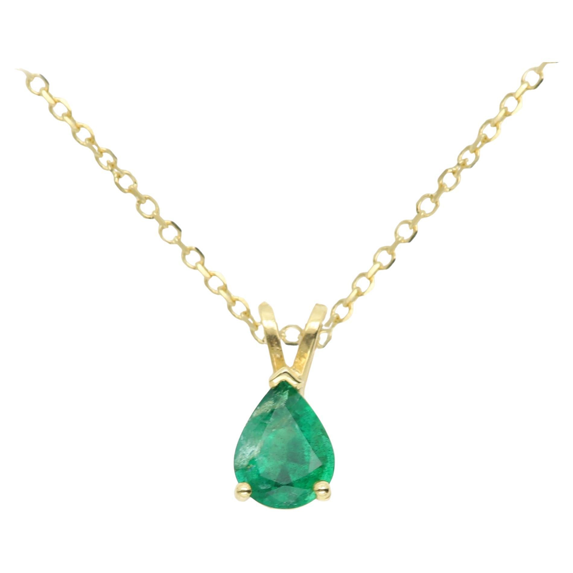 Natural Emerald Pendant 14k yellow Gold 1.41 CT Pear Shape Emerald Necklace