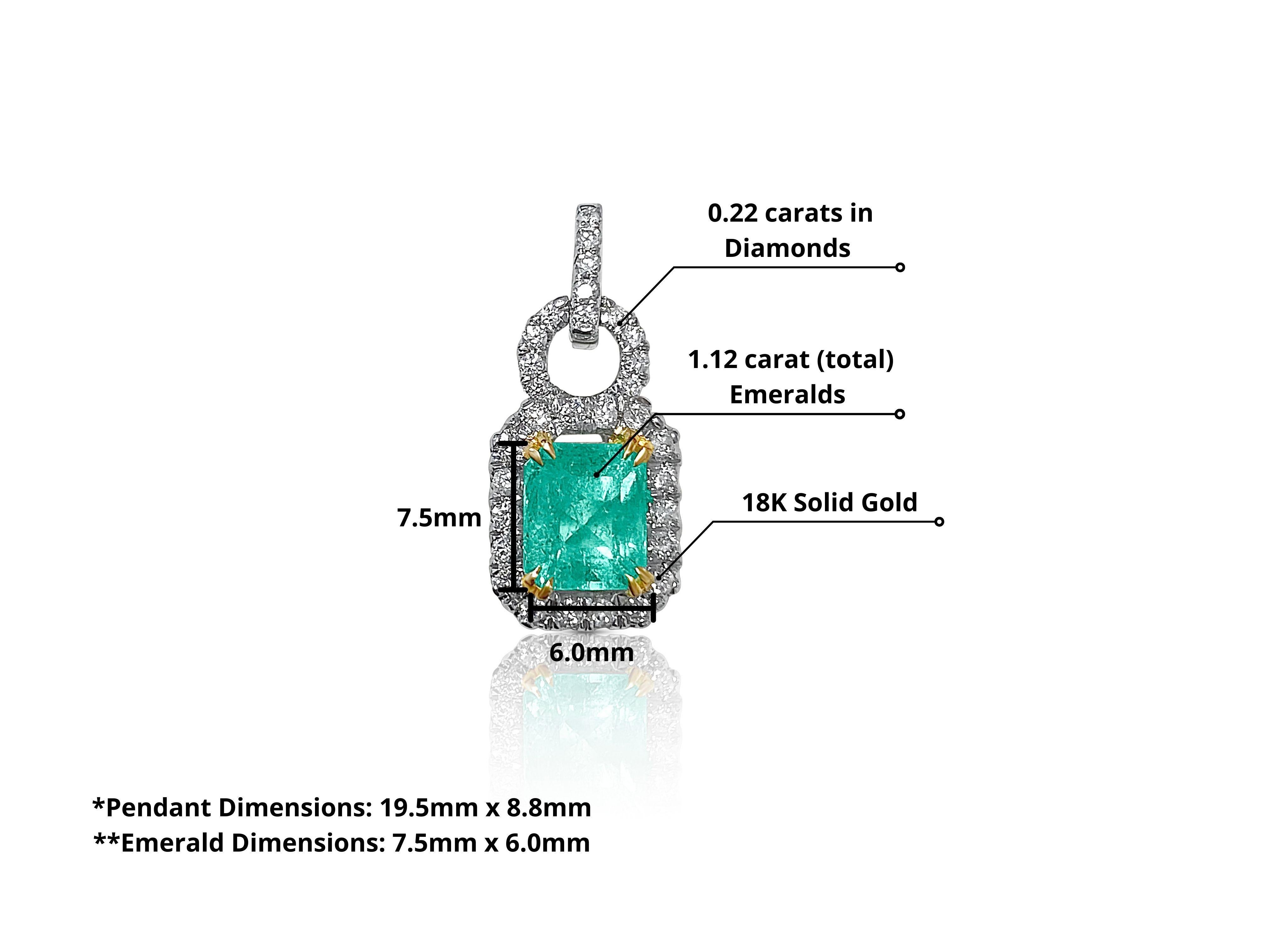 Natural Emerald pendant of Colombian origin. 1.12 carat Emerald step-cut center stone for optimal brilliance and shine. This pendant features a 31 round brilliant cut diamond halo. The diamond halo and yellow gold prongs were carefully designed to