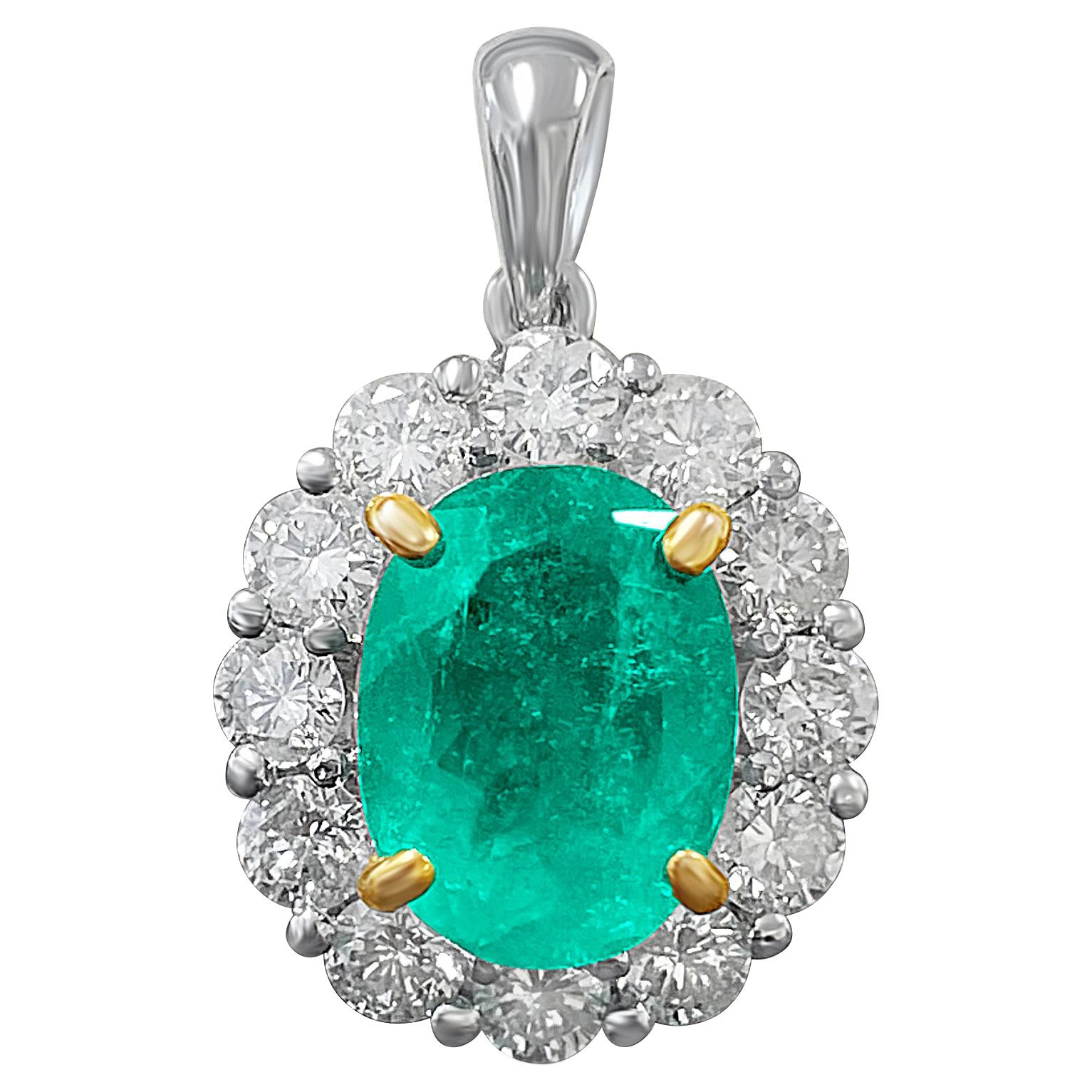 Natural Emerald Pendant and Diamond Halo in 18k Solid White Gold