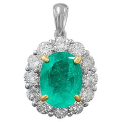 Natural Emerald Pendant and Diamond Halo in 18k Solid White Gold