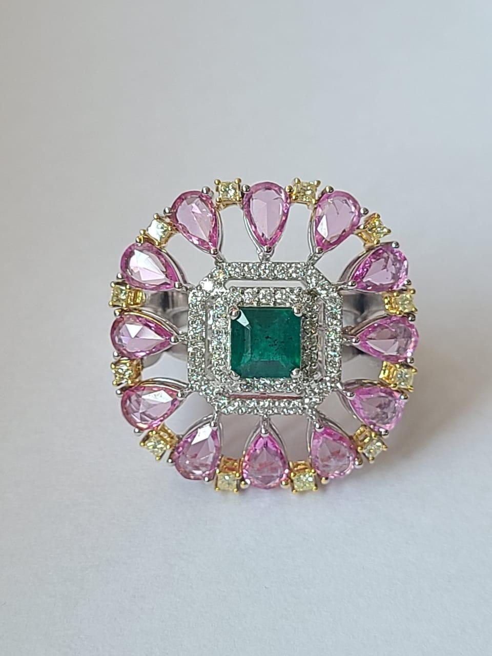 Art Deco Natural Emerald, Pink Sapphires & Yellow Diamonds Cocktail Ring Set in 18K Gold For Sale
