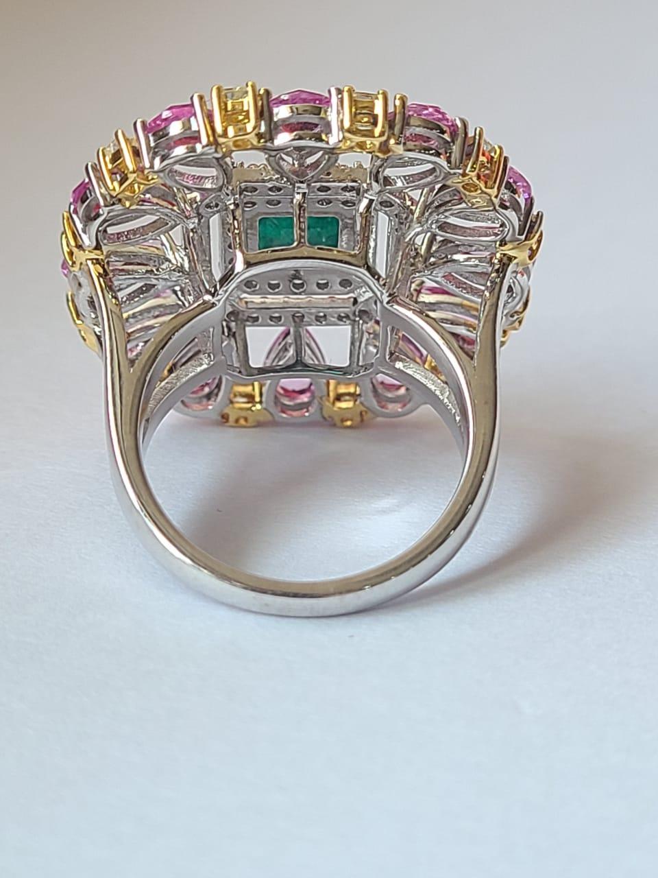 Square Cut Natural Emerald, Pink Sapphires & Yellow Diamonds Cocktail Ring Set in 18K Gold For Sale