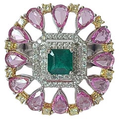 Natural Emerald, Pink Sapphires & Yellow Diamonds Cocktail Ring Set in 18K Gold