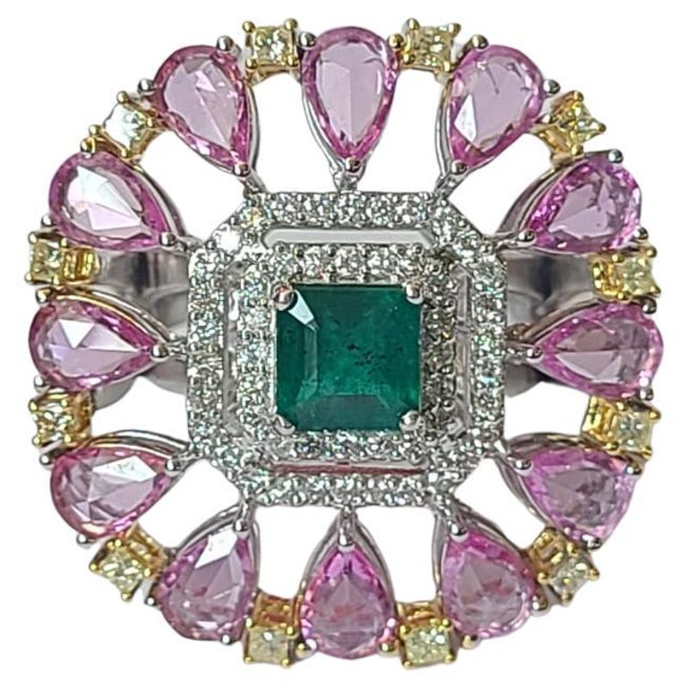 Natural Emerald, Pink Sapphires and Yellow Diamonds Cocktail Ring Set ...