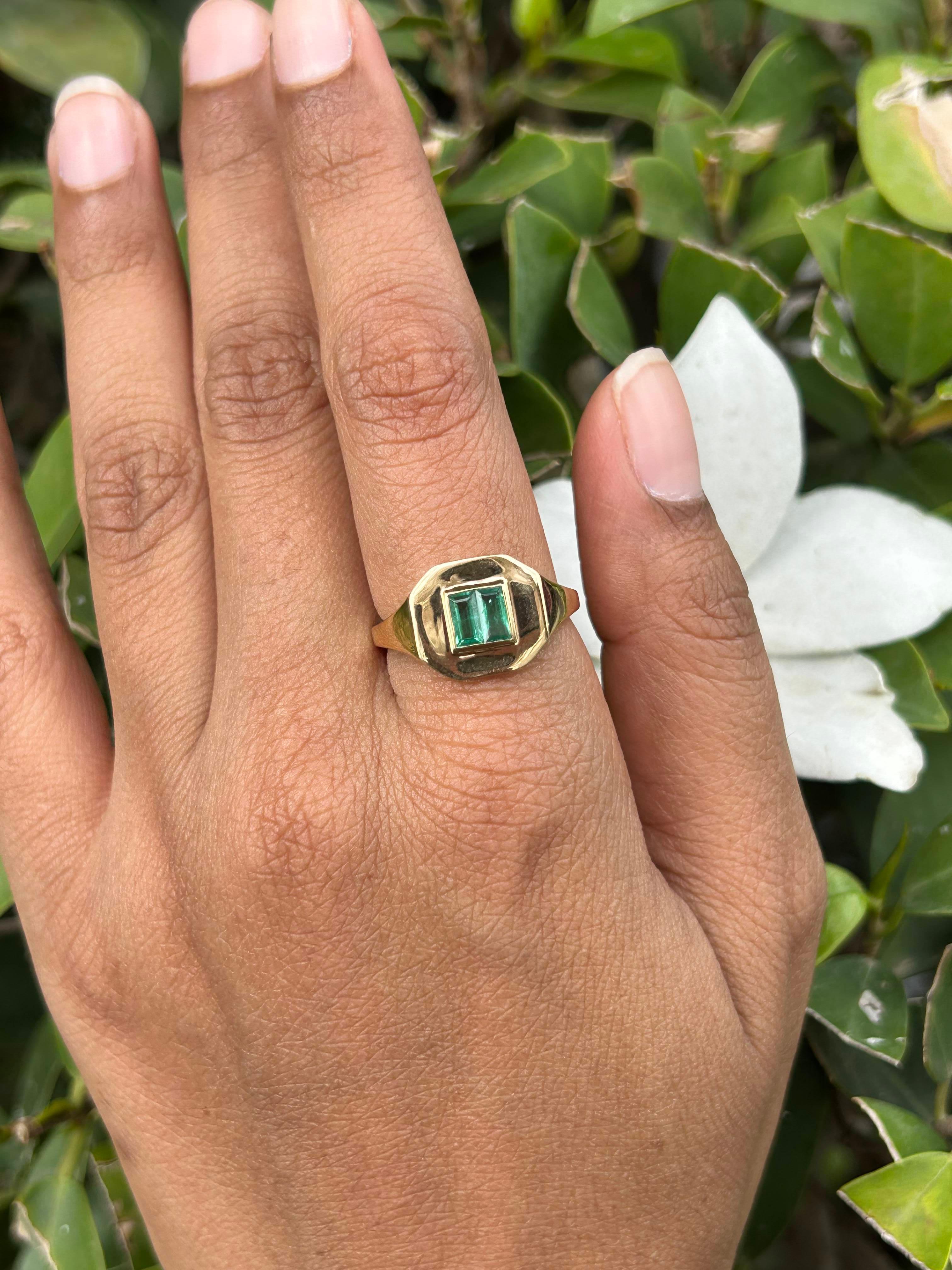 For Sale:  Certified Natural Emerald Signet Pinky Ring for Him 14kt Solid Yellow Gold 12