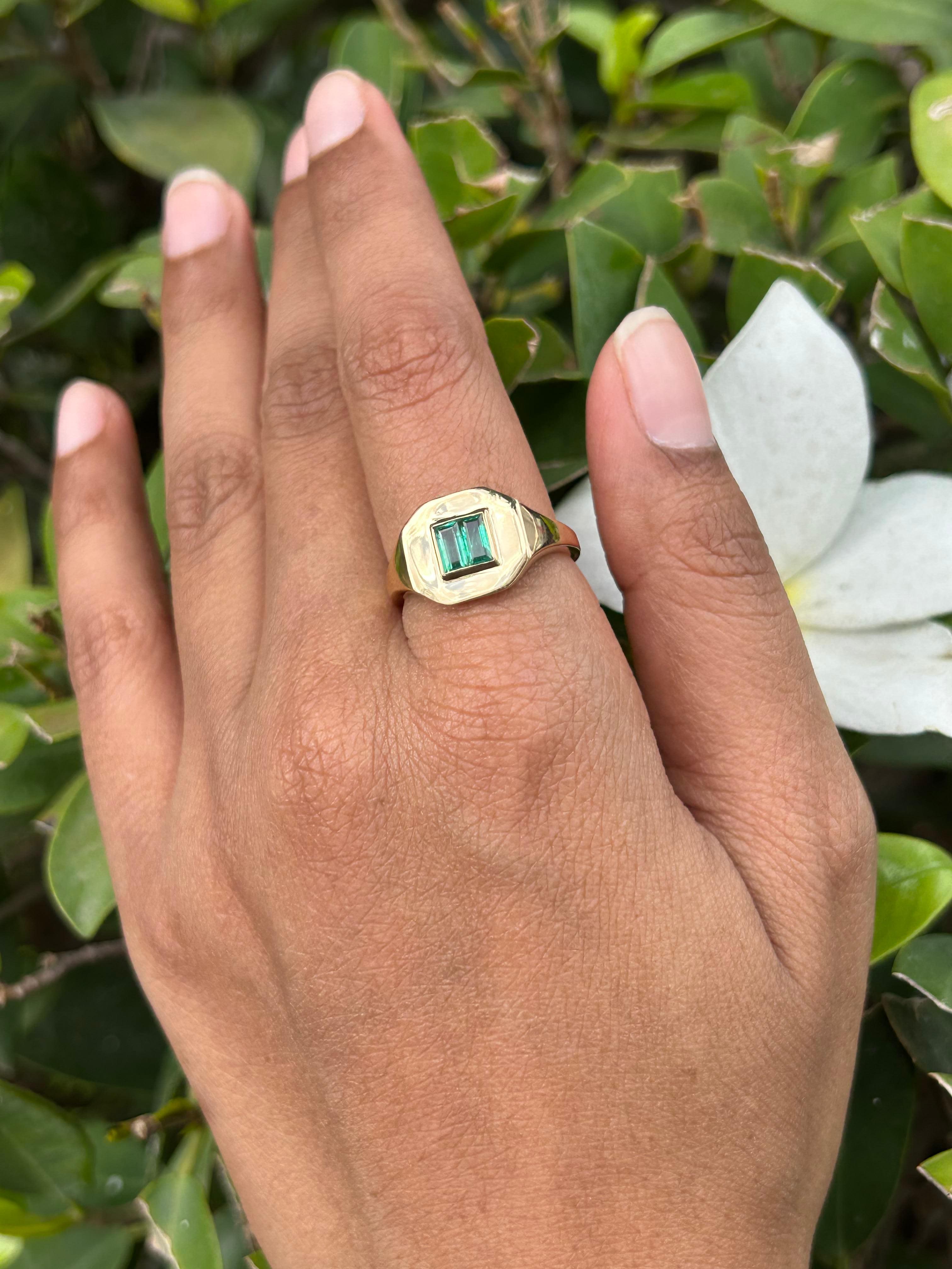 For Sale:  Certified Natural Emerald Signet Pinky Ring for Him 14kt Solid Yellow Gold 6