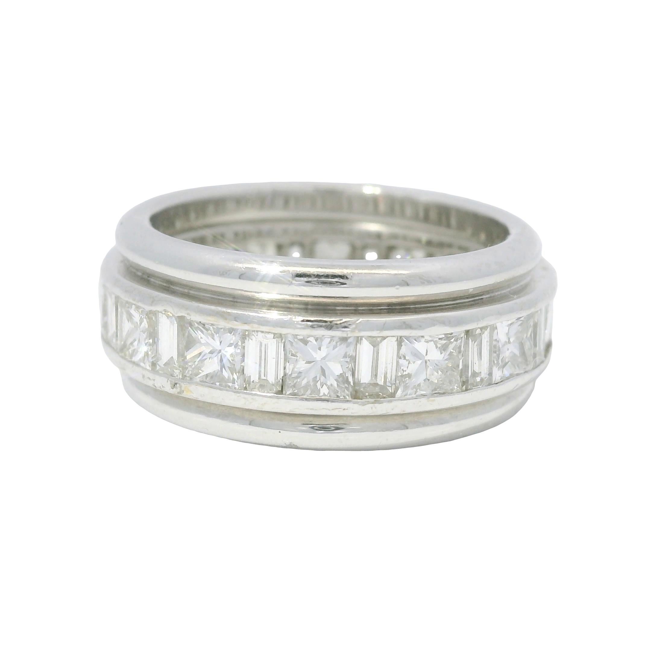 Modern Natural Emerald & Princess Cut Diamond 18-Karat Eternity Ring In Stock For Sale