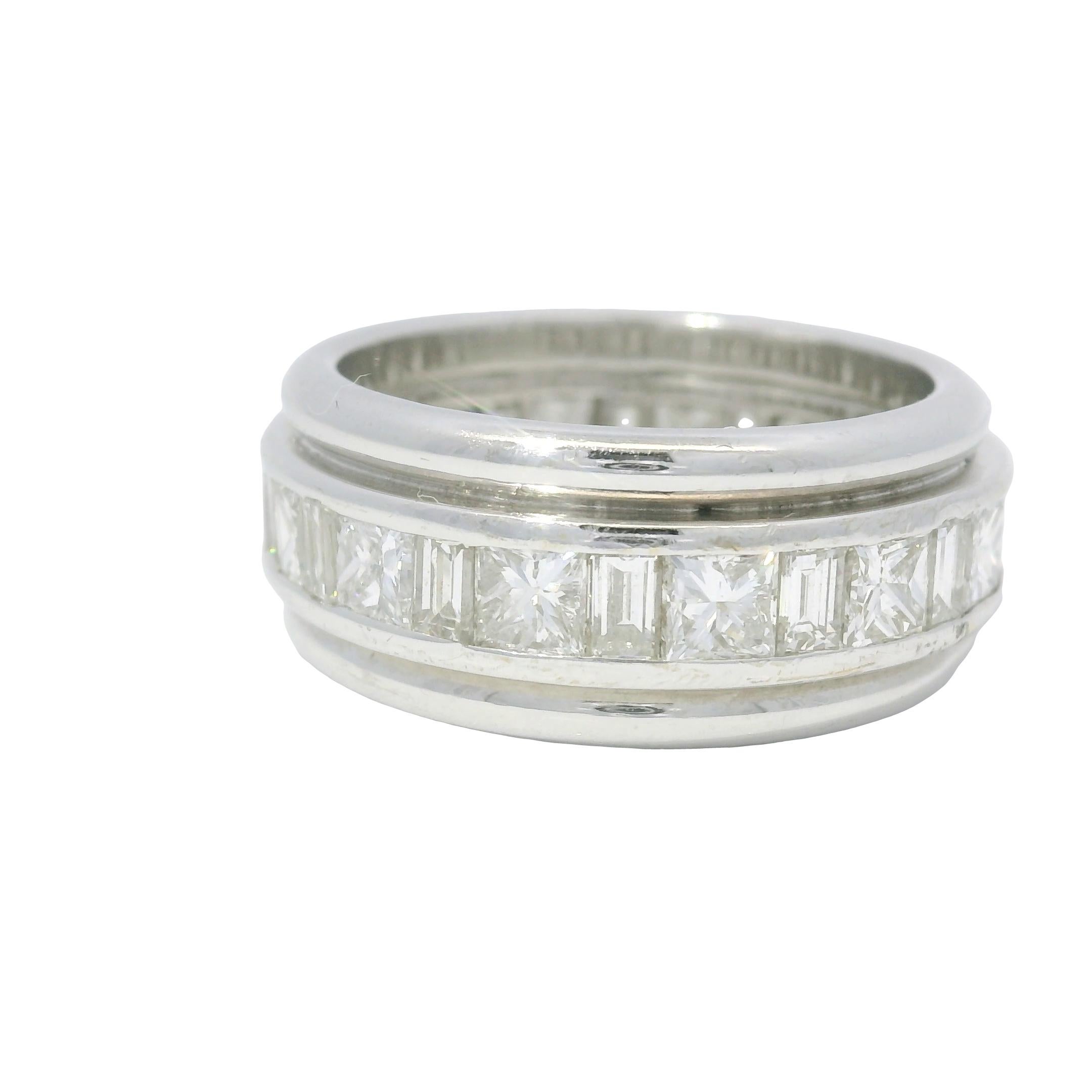Emerald Cut Natural Emerald & Princess Cut Diamond 18-Karat Eternity Ring In Stock For Sale